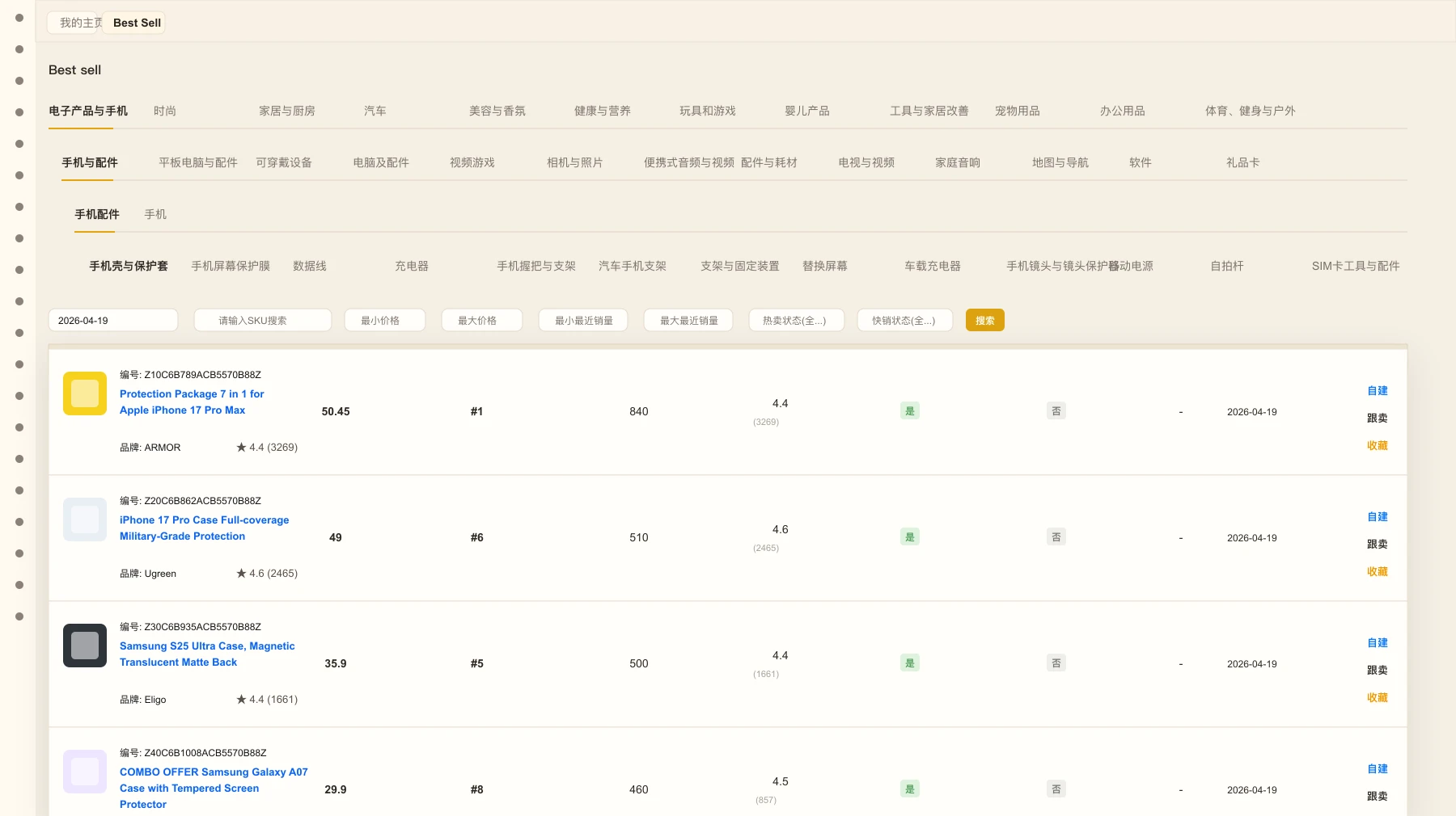 极速卖家选品助手 CRM 热销商品列表界面预览